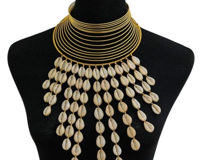Cowrie Shell Bib Necklace, Gold Wire Collar, Tribal Statement Jewelry