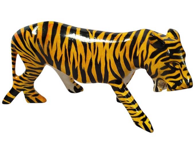 Hand-Painted Wooden Tiger Figurine with Black and Yellow Stripes - African Wildlife Art Decor - African Art Decor-Table top console top Art