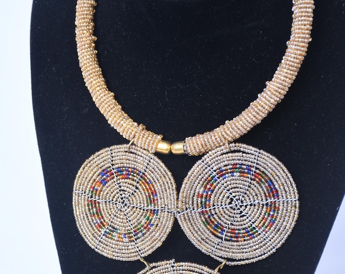 On SALE  Elegant Gold Beaded Necklace with Multi-Colored Disc Pendants - Handcrafted Art | Gift for Her | Masai Mara