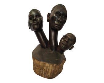 Hand-Carved Wooden Multi-Head Sculpture: African Art Home Decor