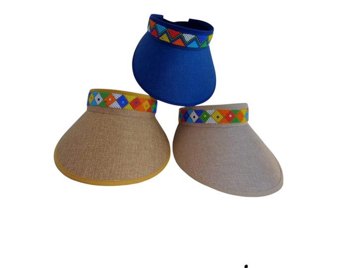 African Beaded Sun Visor Hat, Open Top Wide Brim Straw Visor, Colorful Beaded Band Summer Cap, Handmade Boho Beach Sun Visor