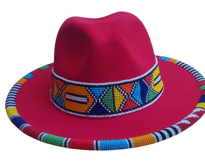 African Beaded Fedora Hat, Pink Felt Wide Brim Boho Hat, Colorful Beaded Band Festival Cap, Handmade Vibrant Maasai Style Fedora
