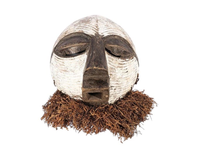Authentic Luba Tribal Mask with Raffia Beard, High Contrast Wooden African Mask, DRC Congo Collectible Art, Black and White Boho Wall Decor