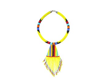 Bright Yellow Beaded Choker Necklace | African Maasai Tribal Fringe Bib | Statement Tassel Collar