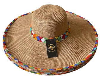 Handcrafted African Beaded Sun Hat, Wide Brim Straw Fedora with Geometric Bead Trim, Boho Summer Beach Hat Gift for Her