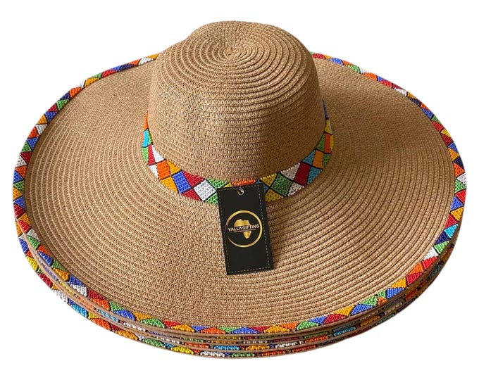 Handcrafted African Beaded Sun Hat, Wide Brim Straw Fedora with Geometric Bead Trim, Boho Summer Beach Hat Gift for Her