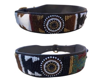Handcrafted African Beaded Leather Dog Collar, Maasai Beaded Pet Collar, Earthy Geometric Pattern Dog Neckwear, Dog Lover Gift