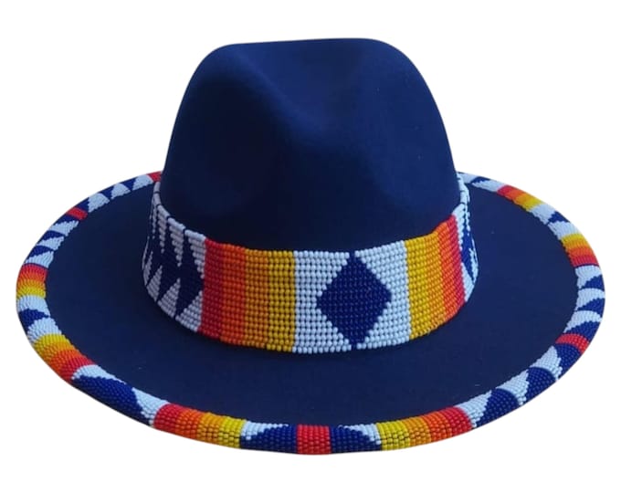 African Beaded Fedora Hat, Blue Felt Wide Brim Boho Hat, Colorful Beaded Band Festival Cap, Handmade Vibrant Maasai Style Fedora