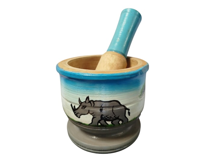 On sale !! Hand-Painted Wooden Mortar and Pestle with Rhino Motif - African Art |Traditional Decor| Home Decor