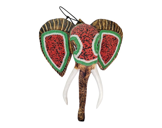On Sale Beaded Elephant Mask Wall Decor -  Boho Animal Theme Wisdom Cultural Significance African Wall Hanging Ceremonial Red Green Black