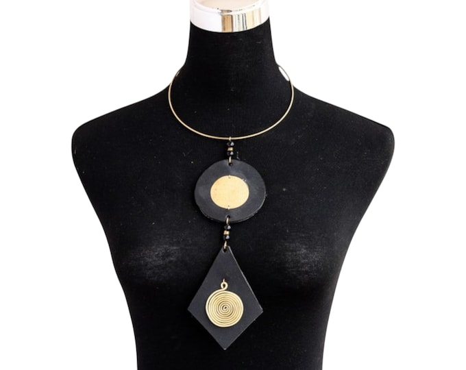 African Geometric Gold Torque Choker, Minimalist Black & Gold Pendant Necklace