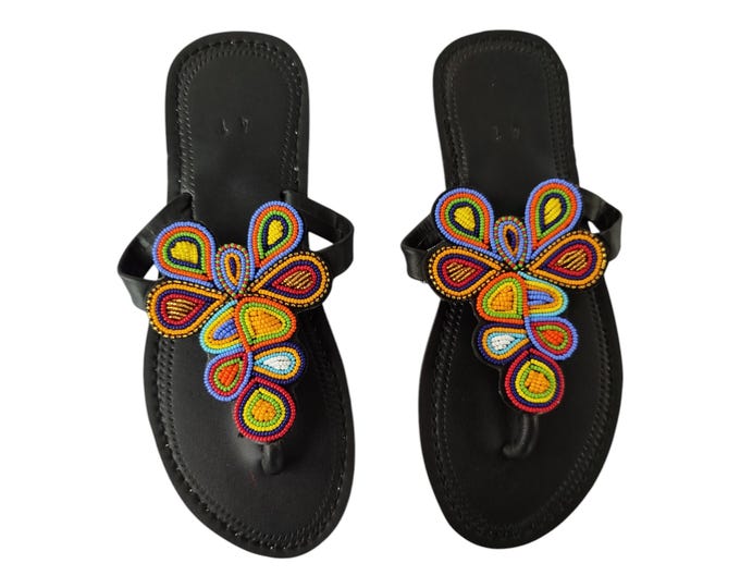 Colorful Floral Butterfly Beaded Sandals Women Summer Beach Handmade African Wedding Bday Gift Unique Leather Look Finest Beads Art Wow