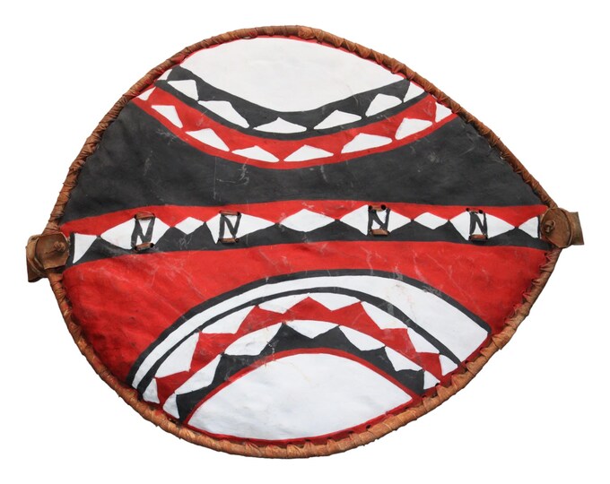 African Leather Shield Wall Art | Geometric Tribal Decor | Hand-Painted Decorative Maasai Shield