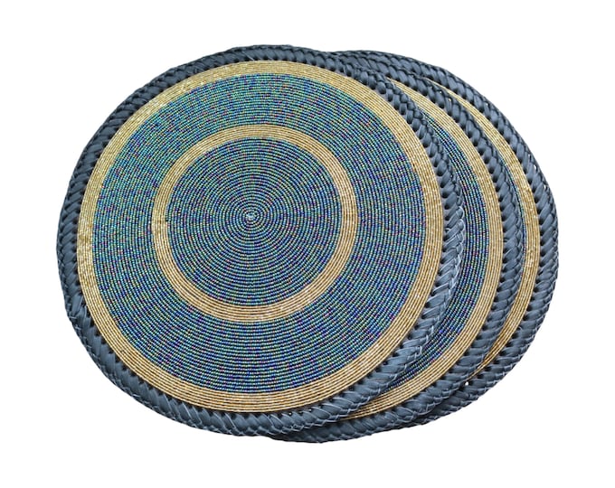 Set of 2 Blue & Gold African Beaded Placemats | Teal Coasters | Hand-Beaded Round Table Decor