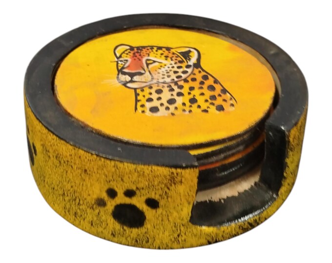 On sale!!Hand-Painted Wooden Coaster Set with Leopard & Paw Print Motif - African Art Decor|Traditional Decor| Home Decor