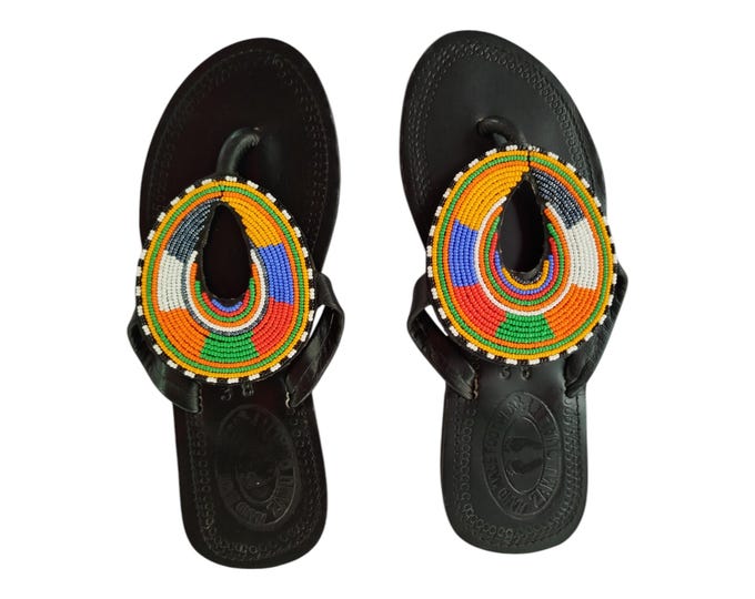 Colorful Beaded Oval Loop Sandals Women Summer Beach Handmade African Wedding Birthday Gift Black Leather Look Unique Art Finest Beads