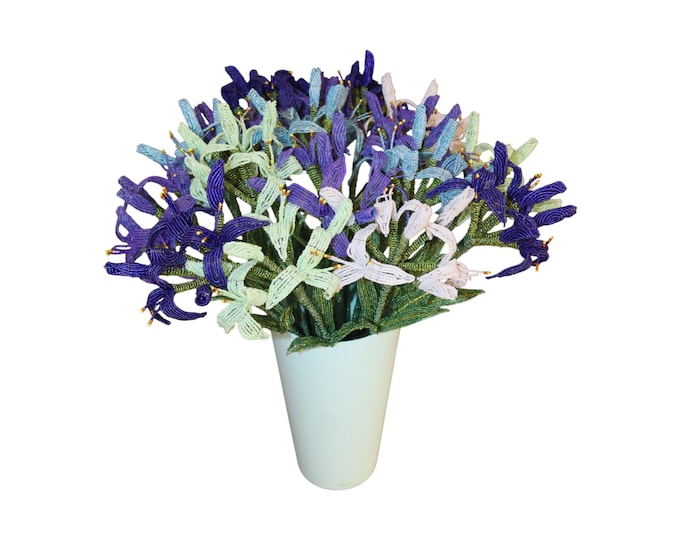 Handcrafted African Beaded Agapanthus Bouquet, Blue and Purple Forever Flowers, Unique African Lily