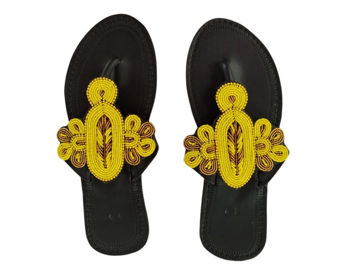 Yellow Gold Floral Sandals Women Summer Beach Handmade African Wedding Bday Gift Unique Beaded Flip Flops Leather Look Finest Beads Art Wow