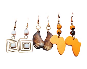 Set of 3 African Earrings | Orange Wood Africa Map, Wire Square Dangles & Wood Curves