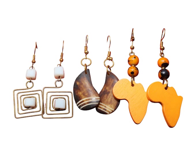 Set of 3 African Earrings | Orange Wood Africa Map, Wire Square Dangles & Wood Curves