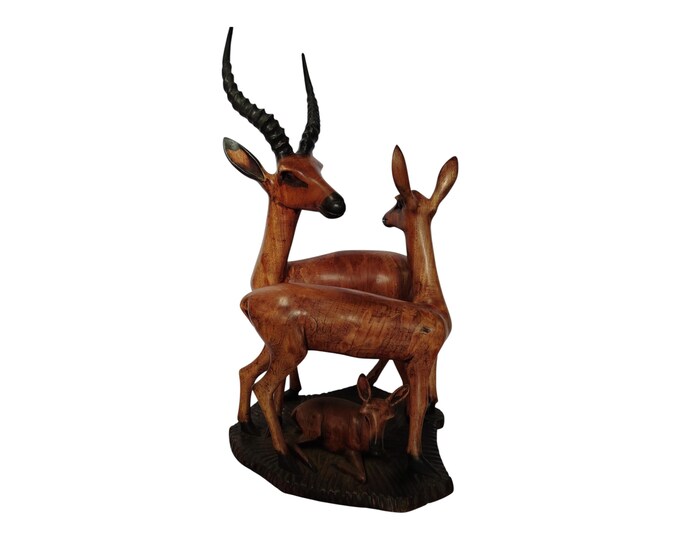 Hand-Carved Wooden Antelope Family Sculpture - African Wildlife Art Decor Table top console top Art grandpa gift