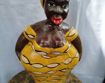 Vibrant Mama Africa African Woman Figurine,Yellow African Figure colonial West africa Safari Shelf console top Art grandpa gift wood