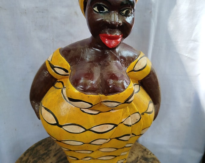 Vibrant Mama Africa African Woman Figurine,Yellow African Figure colonial West africa Safari Shelf console top Art grandpa gift wood