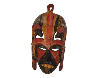 Hand-Carved African Wooden Mask: Red & Black Accents, Animal Figures