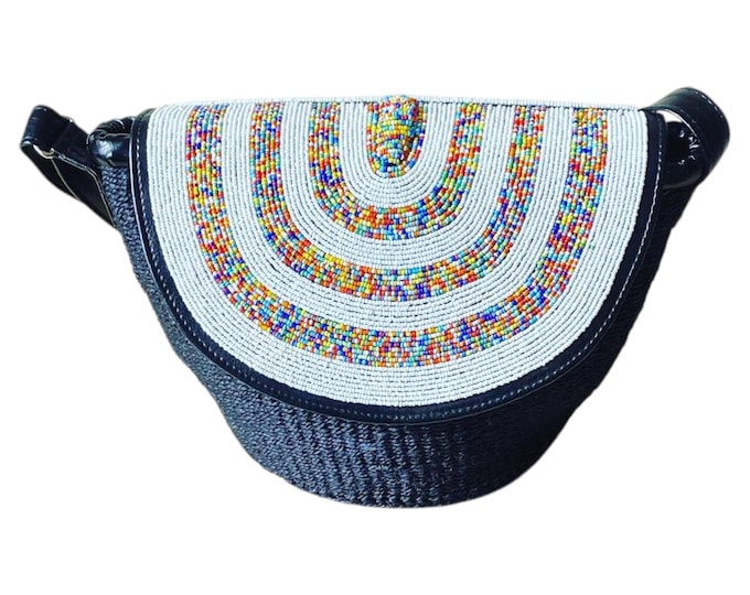 Handcrafted African Beaded Crossbody Purse, Black Woven Leather Saddle Bag, White & Rainbow Bead Flap, Boho Travel Gift