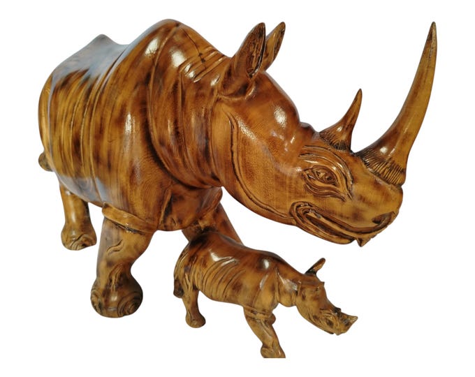 A Hand-Carved Wooden Mother Rhino with Calf Sculpture - African Wildlife Art Decor-Table top console top Art