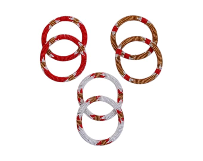 Set of 3 Zulu Beaded Bangle Pairs | Red, White, and Gold African Hoop Bracelets | Handmade