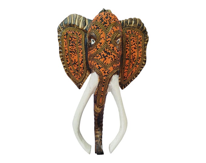 On Sale Beaded Elephant Mask Wall Decor -  Boho Chic or Animal Theme Wisdom & Cultural Significance African Wall Hanging Ceremonial Orange