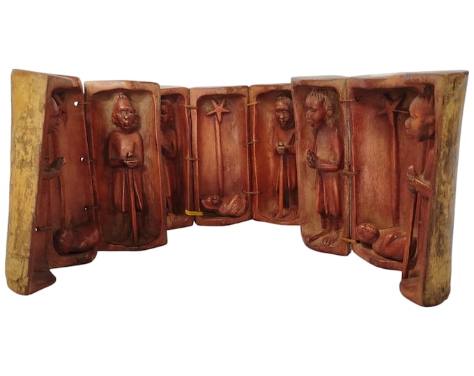 ON SALE Hand-Carved Wooden Foldable Nativity Scene - Rustic Christmas Collectible - set of three - Religious Office Decor- Unique Home decor