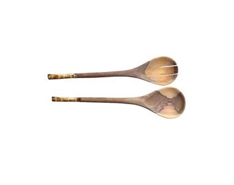 Hand-Carved Wooden Salad Servers with Rustic Handles