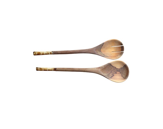 Hand-Carved Wooden Salad Servers with Rustic Handles