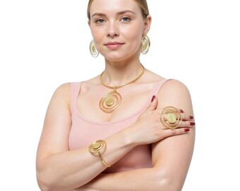 Hammered Brass Jewelry Set: Modernist Necklace, Earrings, Bracelet & Ring