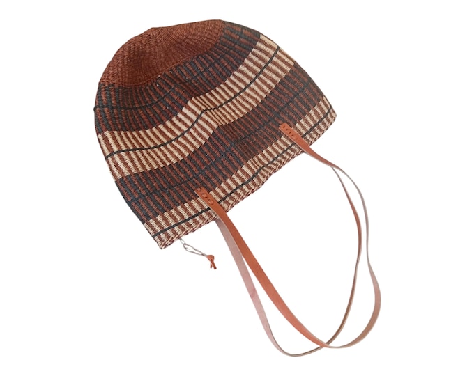 Handwoven Sisal Tote Bag with Leather Handles, Brown Striped African Market Purse, Boho Earthy Shoulder Bag, Sustainable Woven Beach Tote