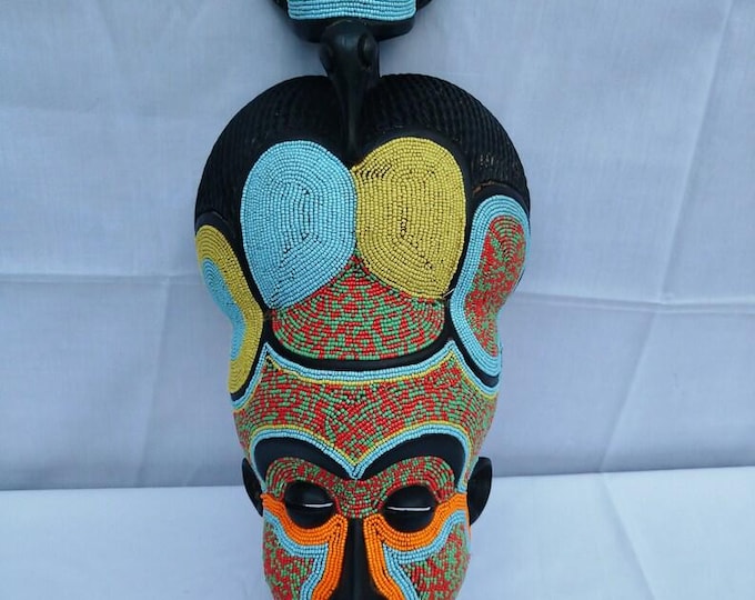 African Lualua Beaded Mask Antique Congo Wood Vintage African Wall Hanging Ceremonial Yellow