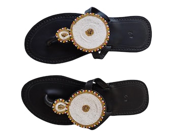 Elegant White Beaded Sandals Women Summer Beach Handmade African Wedding Bday Gift Colorful Border Circle Leather Finest Beads Art Chic