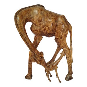 A Hand-Carved Jacaranda Wood Mother Giraffe with Calf Sculpture - African Wildlife Art Decor-Table top console top Art