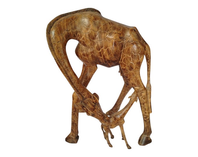 A Hand-Carved Jacaranda Wood Mother Giraffe with Calf Sculpture - African Wildlife Art Decor-Table top console top Art
