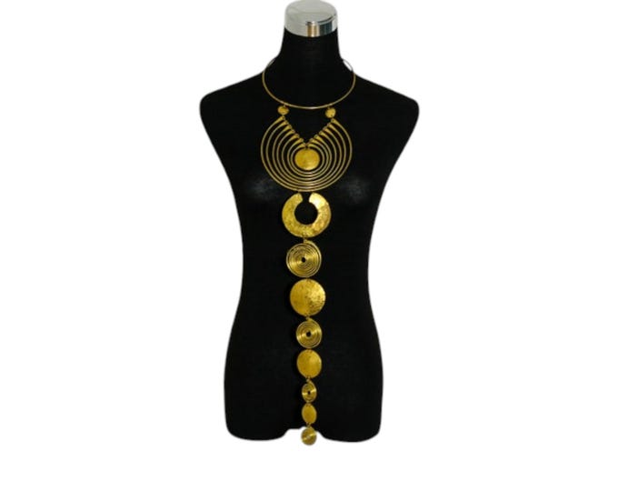African Gold-Toned Geometric Statement Necklace, Extra Long Layered Metal Pendant, Circles & Hammered Disc Choker