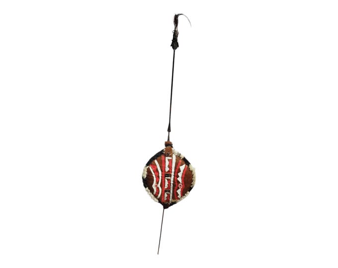 An   Authentic Hand Painted Masai Shield & Spear Tribal Art Wall Decor Kenya Black Red White Geometric Decor