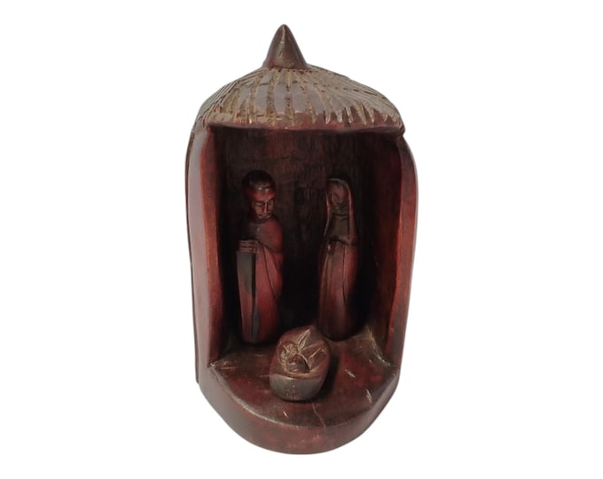 Hand-Carved Jacaranda Wood Nativity Hut with Joseph, Mary, and Baby Jesus - Religious Art Decor- Cultural Art Decor- Unique Home decor