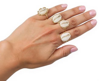 Cowrie Shell Ring Set Of 4 Brass Handmade African Boho Beach Wedding Birthday Gift Summer Outdoor Jewelry Unique Gold Tone Chic Statement