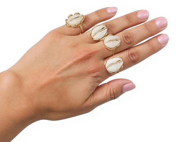 Cowrie Shell Ring Set Of 4 Brass Handmade African Boho Beach Wedding Birthday Gift Summer Outdoor Jewelry Unique Gold Tone Chic Statement