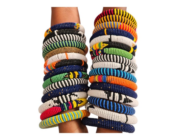 Vibrant Maasai Wedding Bracelets Set Of 30 Handmade Colorful Beaded African Tribal Stackable Bangles Festive Bride Gift Boho Chic Seed Beads