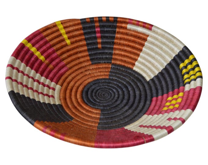Handwoven Rwandan Basket Wall Art, Colorful Sisal Bowl, Vibrant African Table Centerpiece, Boho Wall Decor Plate, Unique Gift Idea