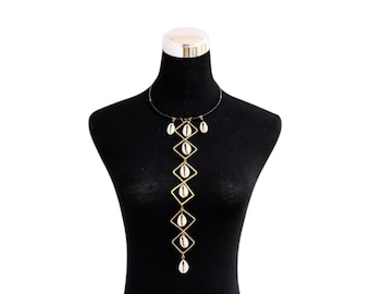 African Cowrie Shell Long Pendant Necklace, Gold Geometric Chain
