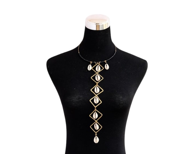 African Cowrie Shell Long Pendant Necklace, Gold Geometric Chain